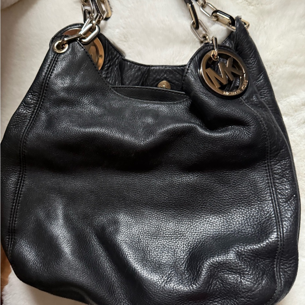 Vintage Michael Kors Black Leather Shoulder Bag with gold Accents